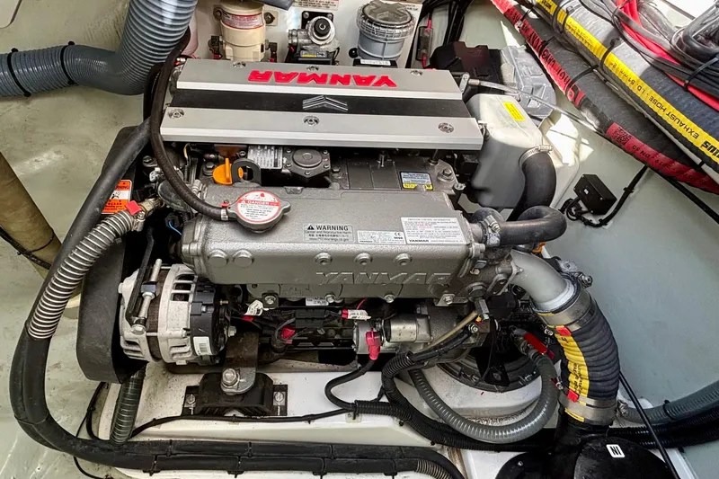  Yacht Photos Pics Engine compartment of a 2022 Leopard 45 yacht featuring a Yanmar engine.