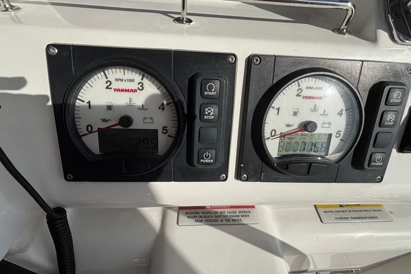  Yacht Photos Pics Yanmar engine control panel on 2022 Leopard 45 boat, showing RPM gauges and buttons.
