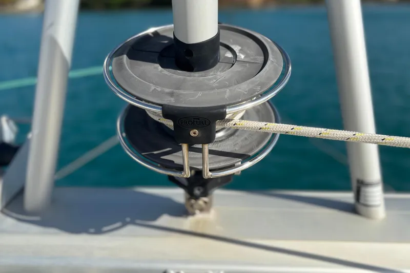  Yacht Photos Pics Close-up of a 2022 Leopard 45 sailboat's rigging and furling system.