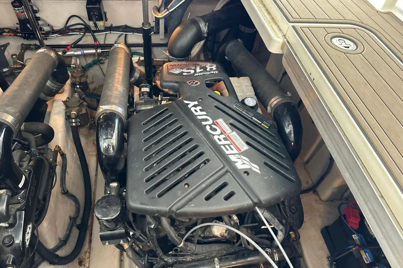  Yacht Photos Pics Engine compartment of a 2007 Sea Ray 40 Sundancer with Mercury engine components.