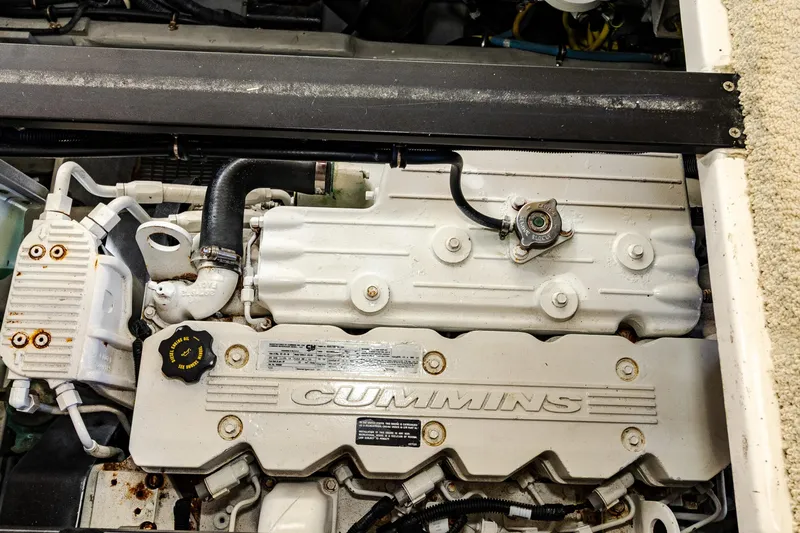  Yacht Photos Pics Engine of 2009 Meridian 391 Sedan with Cummins branding, showcasing mechanical components.