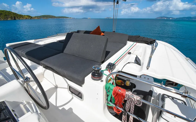 Celavie Yacht Photos Pics Lagoon 46 catamaran deck, 2021 model, with seating and ocean view.