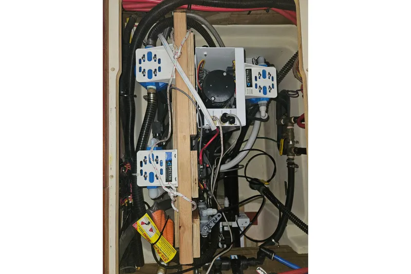 Soirse Yacht Photos Pics Engine compartment of 2013 Marlow-Hunter 50 aft cabin with wiring and components.