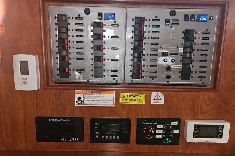 Soirse Yacht Photos Pics Electrical control panel on a 2013 Marlow-Hunter 50 aft cabin yacht.
