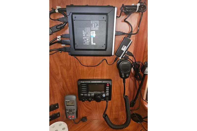 Soirse Yacht Photos Pics Communications equipment in 2013 Marlow-Hunter 50 aft cabin yacht, featuring radio and control panel.