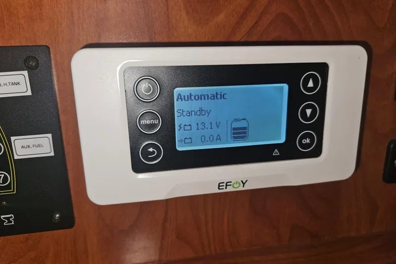 Soirse Yacht Photos Pics EFOY control panel on 2013 Marlow-Hunter 50 aft cabin, displaying automatic standby mode.