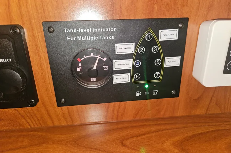 Soirse Yacht Photos Pics Tank-level indicator panel for multiple tanks on a 2013 Marlow-Hunter 50 aft cabin yacht.