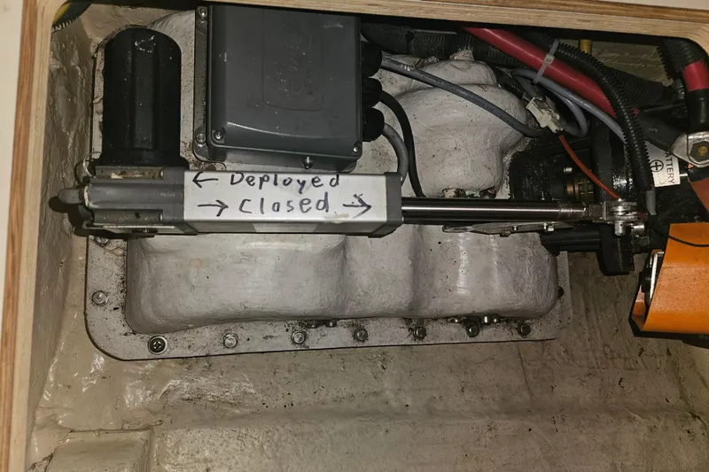 Soirse Yacht Photos Pics Engine compartment of 2013 Marlow-Hunter 50 aft cabin with labeled actuator.