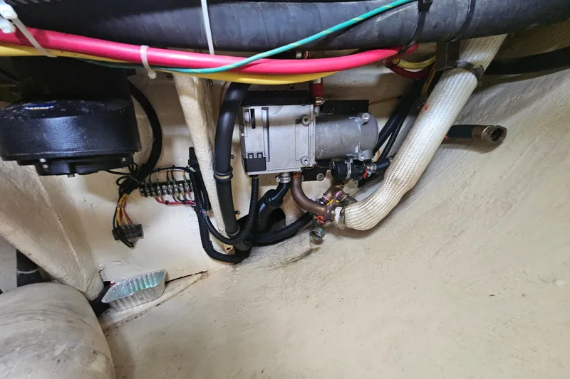 Soirse Yacht Photos Pics Engine compartment of 2013 Marlow-Hunter 50 aft cabin with wiring and components.