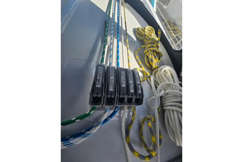Soirse Yacht Photos Pics Rope and cleat system on 2013 Marlow-Hunter 50 aft cabin sailboat deck.