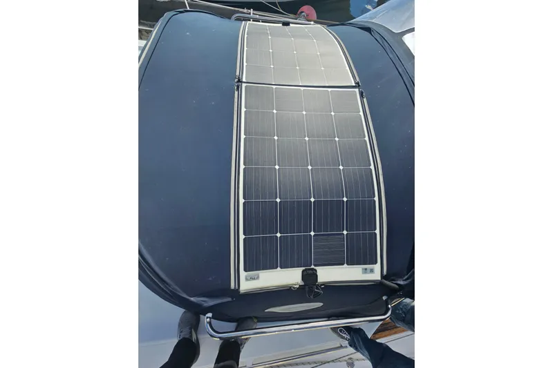 Soirse Yacht Photos Pics Solar panel on 2013 Marlow-Hunter 50 aft cabin yacht, providing sustainable energy.