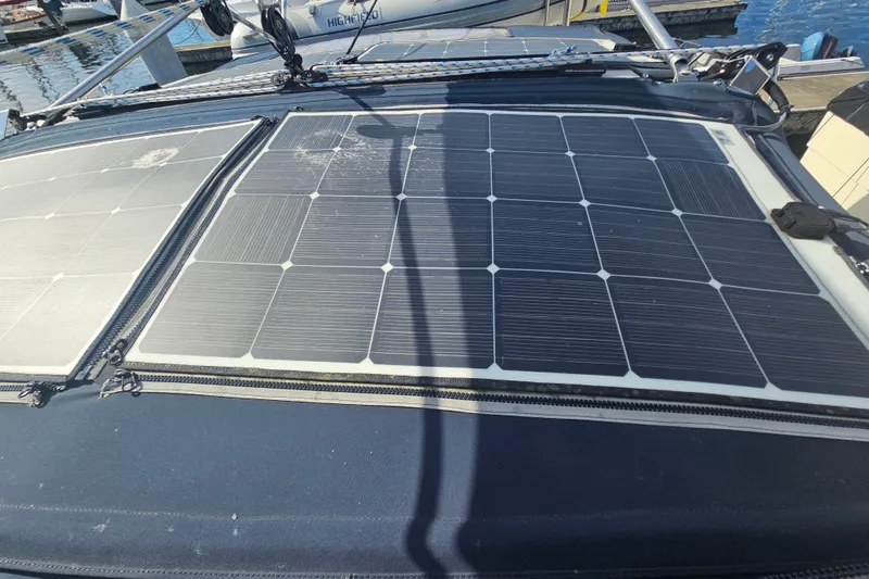 Soirse Yacht Photos Pics Solar panels on a 2013 Marlow-Hunter 50 aft cabin yacht deck.