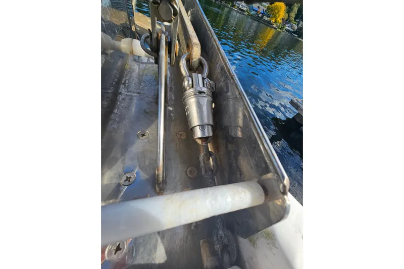 Soirse Yacht Photos Pics Close-up of Marlow-Hunter 50 aft cabin boat hardware, 2013 model, near water.