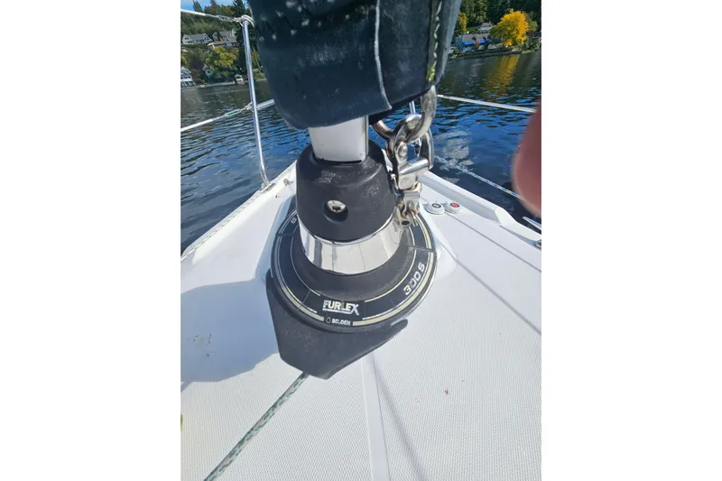 Soirse Yacht Photos Pics Close-up of a 2013 Marlow-Hunter 50 aft cabin sailboat's furling system on deck.