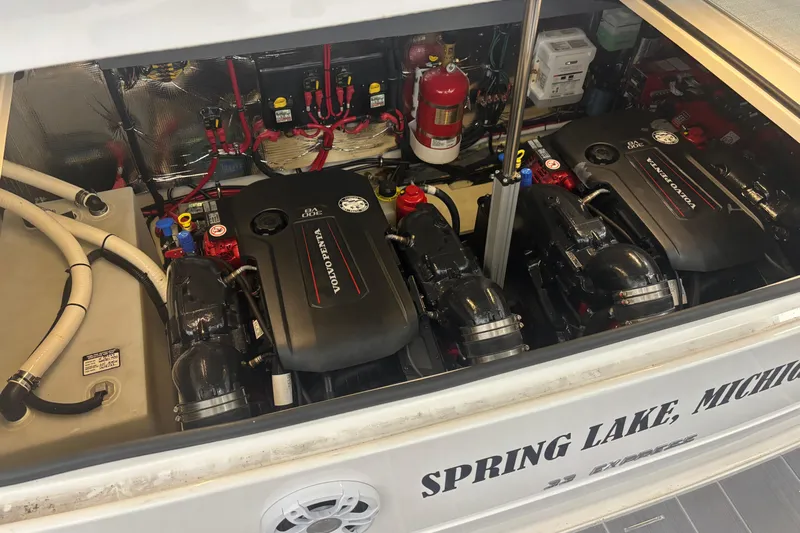 Yacht Photos Pics Engine compartment of 2023 Regal 33 Express boat with Volvo Penta engines.