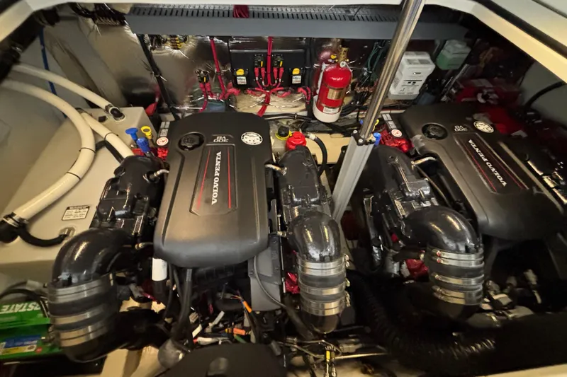  Yacht Photos Pics Engine room of 2023 Regal 33 Express with dual Volvo Penta engines.