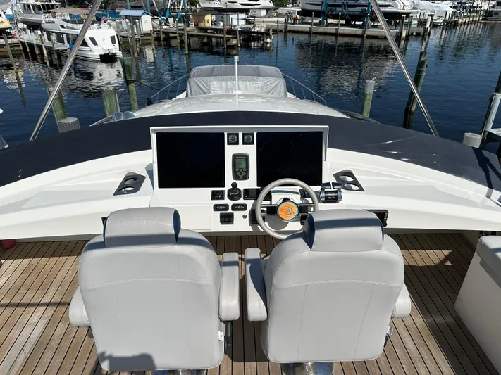  Yacht Photos Pics 2014 Cheoy Lee Alpha 87 Express Sportbridge helm with dual seats and navigation screens.