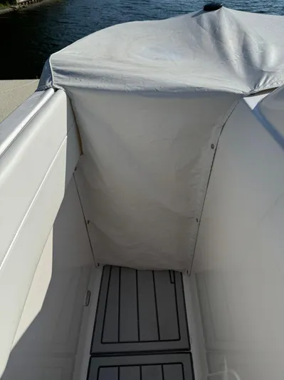  Yacht Photos Pics 2020 Regal 33 SAV boat interior with covered seating area, near water.