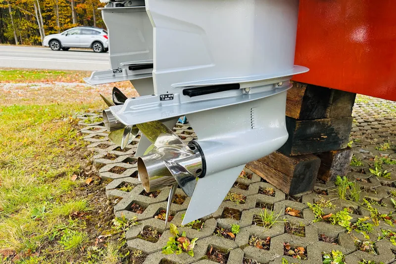 Amanda Yacht Photos Pics 2024 Back Cove 34O boat propellers on display outdoors.