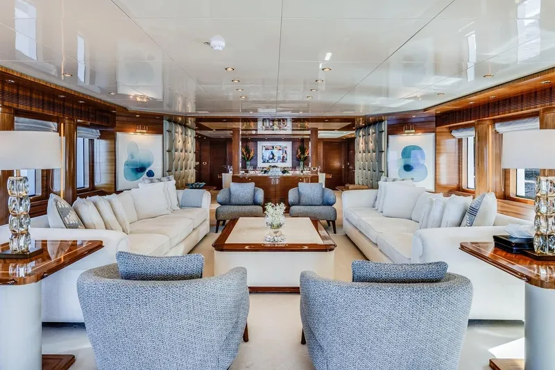 Oceanos Yacht Photos Pics Luxurious interior of 2006 Mondomarine motor yacht with elegant seating and modern decor.