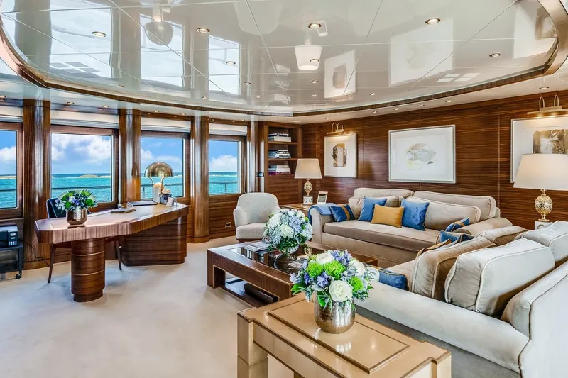 Oceanos Yacht Photos Pics Luxurious Mondomarine motor yacht interior, 2006 model, featuring elegant seating and ocean views.