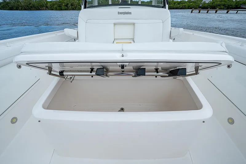Riptide Yacht Photos Pics Open storage compartment on 2018 Everglades 435 Center Console boat.