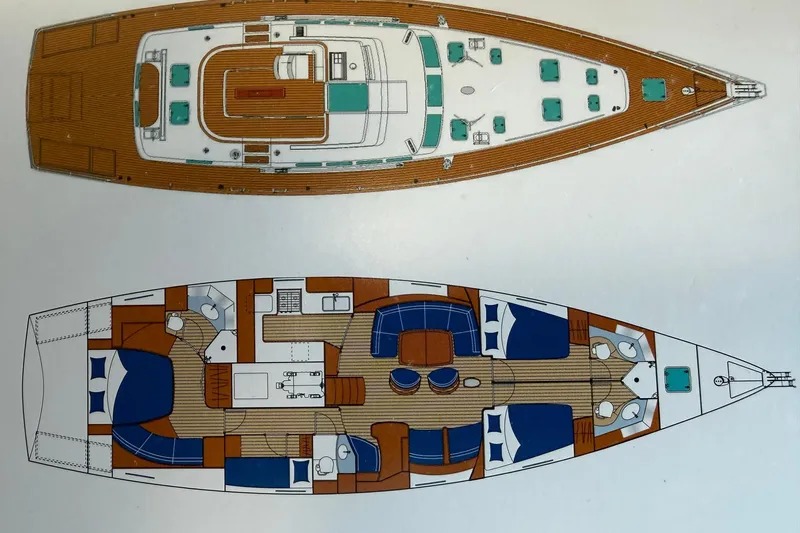 Nae Hassle Yacht Photos Pics Deck and interior layout of a 2004 Beneteau 57 yacht, showcasing detailed design.