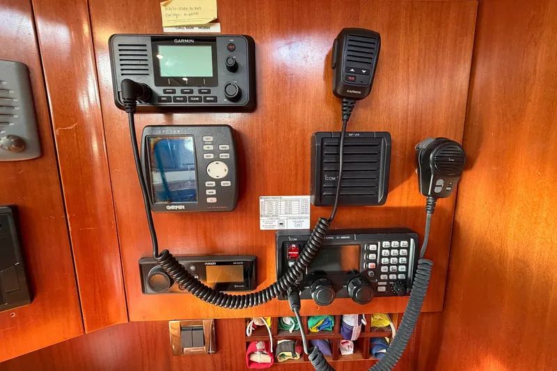 Nae Hassle Yacht Photos Pics Control panel of a 2004 Beneteau 57 yacht with communication equipment.