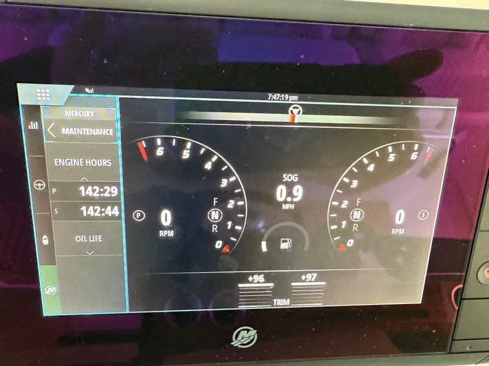  Yacht Photos Pics Dashboard display of 2023 Tiara Yachts 43 LS showing engine hours and speed.