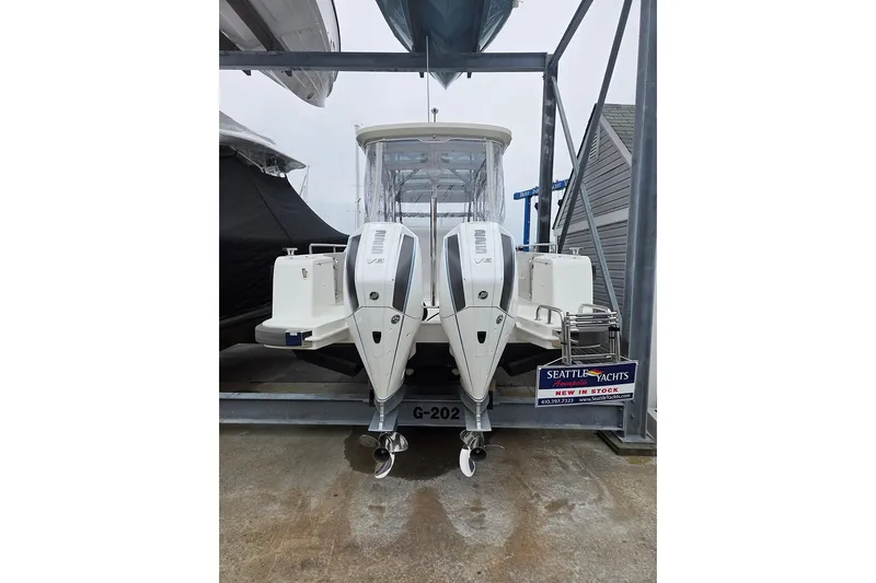 Ann #121 Yacht Photos Pics 2023 Nimbus T9 boat with dual outboard engines at Seattle Yachts dealership.