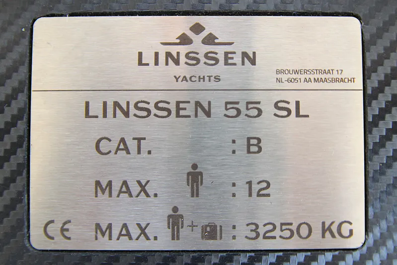  Yacht Photos Pics Plaque of Linssen 55 SL yacht, 2024 model, capacity 12, max weight 3250 kg.