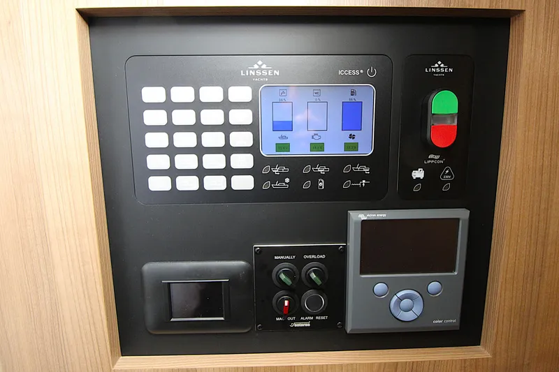  Yacht Photos Pics Control panel of 2024 Linssen 55 SL AC Variotop yacht with digital display and buttons.