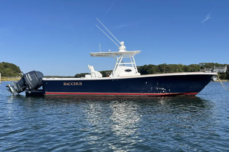 34 #025 Yacht Photos Pics 2011 Regulator 34SS boat named Bacchus on calm water under clear blue sky.