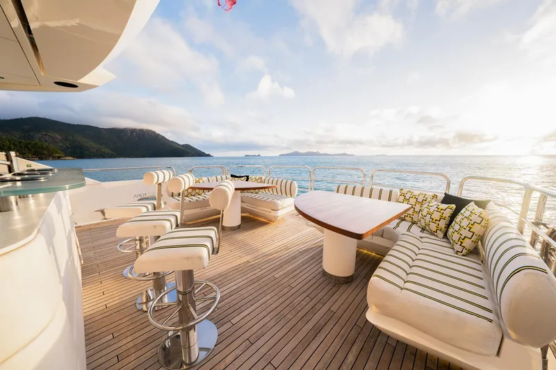 2015 Sunseeker 115' Sport Yacht Yacht Photos Pics Luxurious Sunseeker 115 Sport Yacht deck with elegant seating, ocean view, and sunset ambiance.