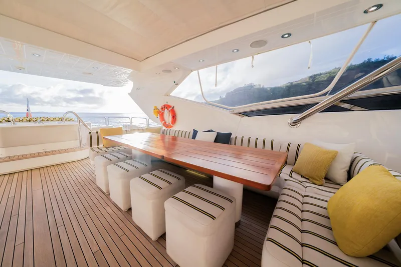 2015 Sunseeker 115' Sport Yacht Yacht Photos Pics Luxurious Sunseeker 115 Sport Yacht 2015, featuring elegant outdoor seating and dining area.