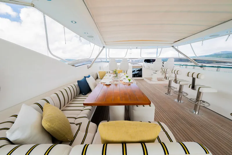 2015 Sunseeker 115' Sport Yacht Yacht Photos Pics Luxurious Sunseeker 115 Sport Yacht 2015 with elegant outdoor seating and dining area.