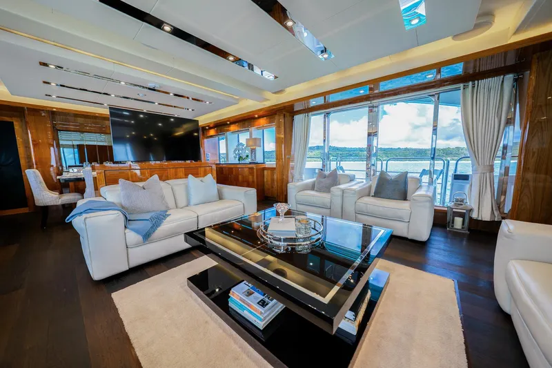 2015 Sunseeker 115' Sport Yacht Yacht Photos Pics Luxurious interior of 2015 Sunseeker 115 Sport Yacht with elegant seating and panoramic windows.