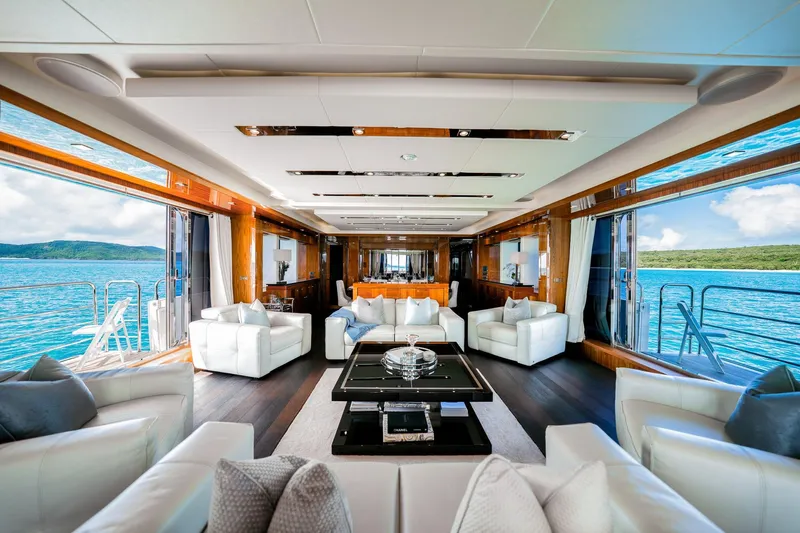 2015 Sunseeker 115' Sport Yacht Yacht Photos Pics Luxurious interior of 2015 Sunseeker 115 Sport Yacht with panoramic ocean views.