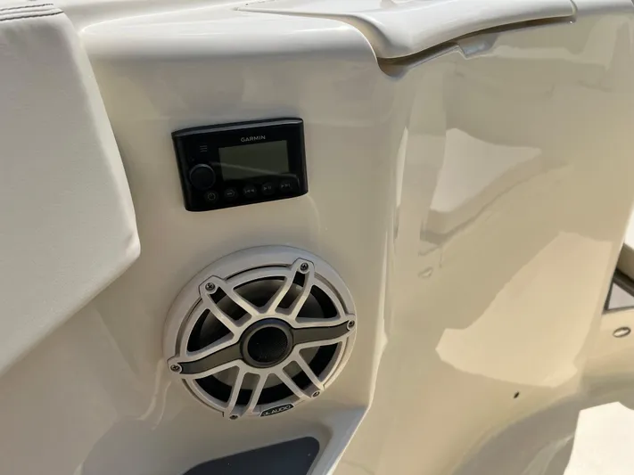  Yacht Photos Pics 2025 Scout 357 LXF boat with Garmin audio system and speaker detail.