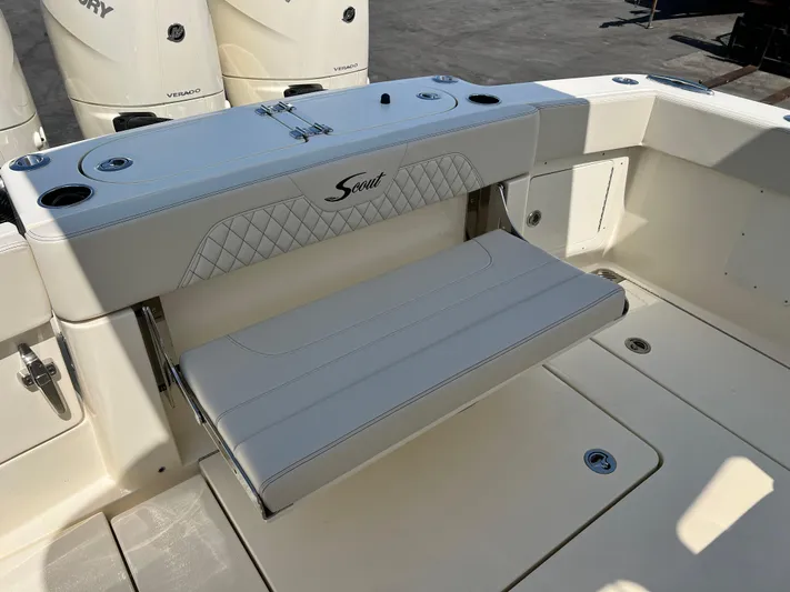  Yacht Photos Pics 2025 Scout 357 LXF boat interior with foldable seat and elegant design.