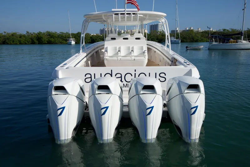 Audacious Yacht Photos Pics 2016 Intrepid 475 Panacea boat with four outboard engines on water.