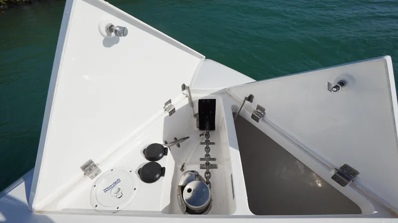 Audacious Yacht Photos Pics 2016 Intrepid 475 Panacea anchor locker with chain and windlass system.