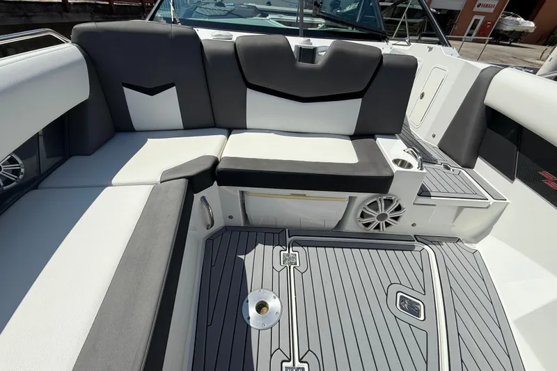  Yacht Photos Pics 2019 Cruisers Yachts 338 Outboard interior with sleek seating and modern design.