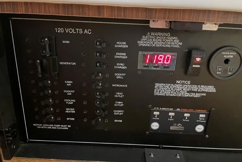 Yacht Photos Pics Electrical control panel of 2023 Pursuit S 358 Sport boat, showing 120 volts AC system.