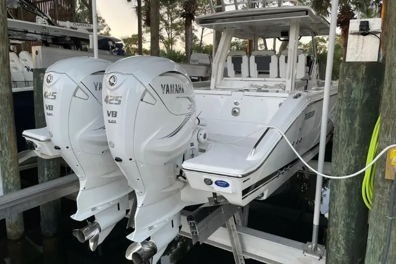  Yacht Photos Pics 2023 Pursuit S 358 Sport boat with twin Yamaha 425 V8 engines docked.