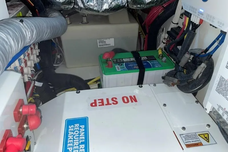  Yacht Photos Pics Electrical system of 2023 Pursuit S 358 Sport boat with battery and wiring.