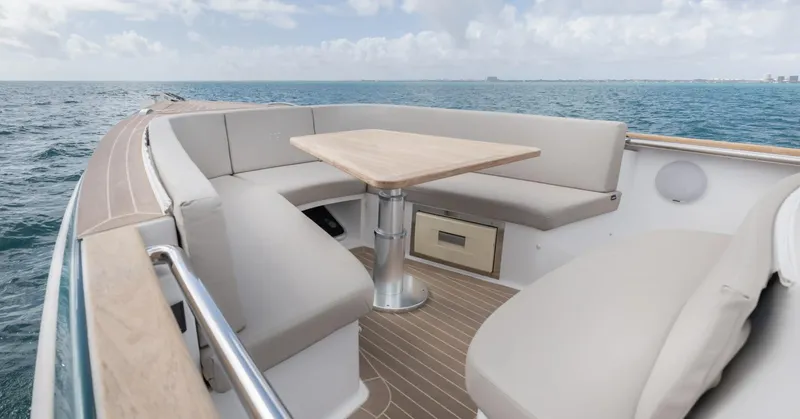  Yacht Photos Pics Luxurious seating area on 2023 Fjord 38 yacht with ocean view.