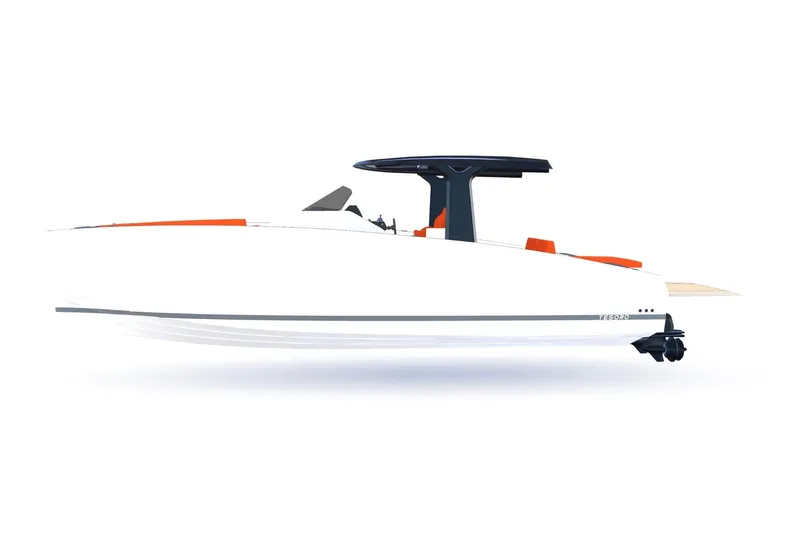Quantum Yacht Photos Pics 2024 Tesoro T40 Inboard boat, sleek white design with modern features and orange accents.