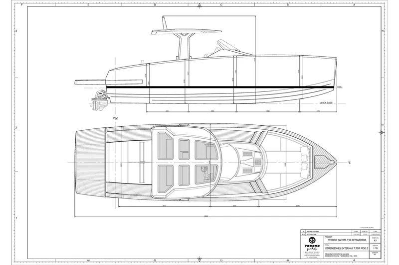 Quantum Yacht Photos Pics Blueprint of 2024 Tesoro T40 Inboard boat, showcasing side and top views.