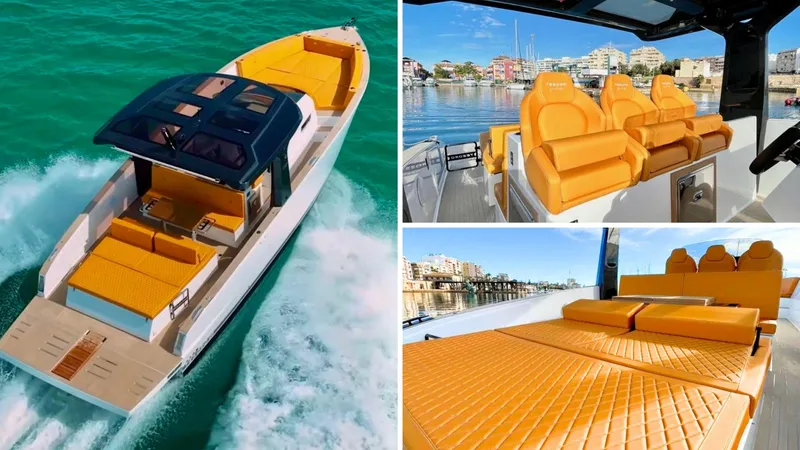 Quantum Yacht Photos Pics 2024 Tesoro T40 Inboard boat with luxurious orange seating and sleek design on the water.